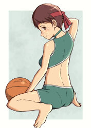 1girl absurdres ass ball basketball_(object) brown_eyes brown_hair choker closed_mouth full_body green_choker haldeco headband highres looking_at_viewer midriff pantylines rebecca_chambers red_headband resident_evil resident_evil_0 short_hair shorts smile solo
