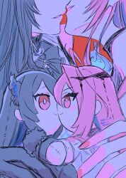 2girls black_hair character_doll doll dolls_kissing elizabeth_rose_bloodflame fingernails gloves head_out_of_frame highres hololive hololive_english imminent_kiss limited_palette long_hair multiple_girls nail_polish nerissa_ravencroft parted_lips pink_nails red_background red_hair simple_background virtual_youtuber yuri yuri_kyanon