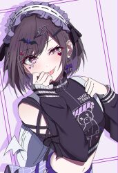 1girl a0ja9k absurdres backpack bag black_shirt bow breasts brown_hair clothing_cutout crop_top earrings facial_mark hair_ornament hairband hairclip heart highres jewelry long_sleeves looking_at_viewer midriff navel project_sekai purple_eyes shinonome_ena shirt short_hair skirt solo tongue tongue_out
