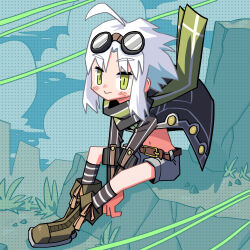 Rule 34 | 1girl, absurdres, boots, chibi, curtained hair, eiyuu densetsu, fie claussell, floating jacket, floating scarf, full body, goggles, goggles on head, green eyes, green scarf, highres, jacket, looking at viewer, navel, open clothes, open jacket, parted bangs, scarf, sen no kiseki, sen no kiseki (series), sen no kiseki ii, short hair, shorts, sidelocks, sitting, smile, solo, white hair, zephyrrr 25