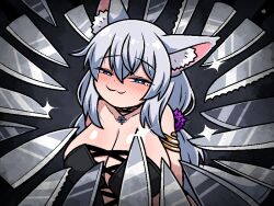 animal_ears blue_eyes breasts fox_ears fox_tail hairband ink_(inksgirls) jewelry kirsche_verstahl knife large_breasts long_hair necklace original smug tail