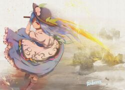 Rule 34 | 1girl, apron, artist name, black boots, black hat, blue skirt, boots, collared shirt, commentary request, hat, hat ornament, hinanawi tenshi, holding, holding sword, holding weapon, kakera (comona base), leaf hat ornament, long hair, looking at viewer, one eye closed, puffy short sleeves, puffy sleeves, red eyes, shirt, short sleeves, skirt, solo, sword, sword of hisou, touhou, waist apron, weapon, white apron, white shirt