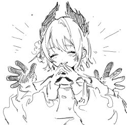 1girl arknights blush closed_eyes extra_arms gloves greyscale hand_up head_wings highres jixing monochrome raidian_(arknights) short_hair simple_background sketch smile solo steepled_fingers white_background wings