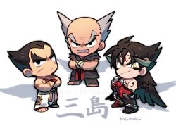 3boys balding barefoot belt black_wings chain chest_tattoo crossed_arms devil_jin dougi facial_hair facial_mark facial_scar family fingerless_gloves forehead_jewel gloves grey_facial_hair grey_hair grey_horns horns kazama_jin kotorai male_focus martial_arts_belt mishima_heihachi mishima_kazuya multiple_boys mustache old old_man pants purple_belt red_belt red_gloves scar scar_on_arm scar_on_cheek scar_on_face shadow shoulder_tattoo signature smile studded_gloves tattoo tekken thick_eyebrows topless_male translation_request v-shaped_eyebrows white_background white_pants wings