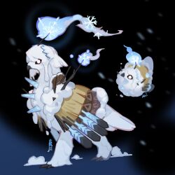 animal_focus beak bird black_background blue_fire commentary creature english_commentary feathers fire from_side full_body highres microw monster no_humans original snow snowflakes