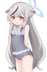 1girl adjusting_hair animal_ears arm_behind_back bare_shoulders blue_archive blue_halo blush breasts commission covered_navel cowboy_shot dot_nose embarrassed eyebrows_hidden_by_hair female_focus frilled_one-piece_swimsuit frills grey_hair grey_one-piece_swimsuit grin halo hand_up kokona_(blue_archive) loli long_hair looking_at_viewer meemz_a nervous nervous_smile one-piece_swimsuit orange_hair simple_background small_breasts smile solo standing swimsuit teeth tiger_ears tiger_girl white_background