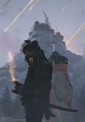 Rule 34 | 1boy, 1girl, architecture, aurahack, black hair, cyberpunk, east asian architecture, from side, hair over eyes, highres, holographic interface, long hair, long sleeves, original, outdoors, patreon username, scarf, sword, twintails, watermark, weapon, web address, yellow eyes