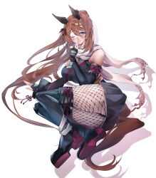 1girl ;) absurdres alternate_hairstyle animal_ears bare_shoulders black_boots black_gloves black_kimono black_panties black_pantyhose blue_eyes blush boots braid braided_bangs breasts brown_hair colored_shoe_soles commentary covering_own_mouth detached_sleeves drop_shadow ear_covers elbow_gloves fingerless_gloves fishnet_pantyhose fishnets full_body gloves hand_over_own_mouth high_ponytail highres horse_ears horse_girl horse_tail japanese_clothes kimono kimono_skirt kuji-in large_breasts long_hair looking_at_viewer lying multicolored_hair ninja obi official_alternate_costume on_side one_eye_closed panties pantyhose pantyshot ponytail sash scarf short_kimono simple_background single_detached_sleeve single_elbow_glove skindentation sleeveless sleeveless_kimono smile solo streaked_hair super_creek_(flowery_shadow_amongst_the_gentle_rain)_(umamusume) super_creek_(umamusume) swept_bangs tail thigh_boots umamusume underwear very_long_hair white_background white_hair white_scarf yellow_sash yuu46464949