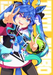 Rule 34 | 1girl, @ @, ahoge, animal ears, aqua hair, blue eyes, blue hair, bodysuit, bodysuit under clothes, bow, character name, cowboy shot, crossed bangs, double v, drawstring, heterochromia, highres, hood, hoodie, horse ears, horse girl, horse tail, legs apart, long hair, long sleeves, multicolored hair, multicolored hoodie, open mouth, purple eyes, sharp teeth, sidelocks, solo, standing, striped bow, stuffed animal, stuffed rabbit, stuffed toy, tail, takesyun, teeth, text background, twin turbo (umamusume), two-tone hair, umamusume, v, yellow background