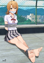 1girl absurdres arms_behind_back barefoot bdsm blush body_blush bondage bound bound_ankles breast_bondage breasts brown_eyes brown_hair cloth_gag collarbone gag gagged hair_between_eyes highres improvised_gag isshiki_iroha legs long_legs looking_at_viewer miniskirt open_collar cloth_gag ribbon school_uniform shadow_xcp skirt tape toenails toes yahari_ore_no_seishun_lovecome_wa_machigatteiru.