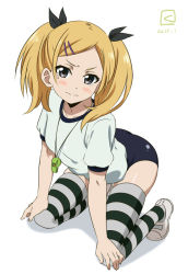 10s 1girl 2015 artist_logo blonde_hair blush buruma dated female_focus grey_eyes gym_uniform hair_ornament hair_ribbon hairclip kneeling kueru logo looking_at_viewer miyahara_takuya mole mole_under_eye ribbon shirobako shoes short_hair simple_background solo striped_clothes striped_thighhighs tears thighhighs twintails uwabaki whistle white_background yano_erika