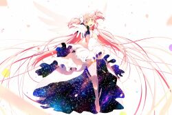 1girl 4b-enpitsu dress galaxy highres kaname_madoka long_hair mahou_shoujo_madoka_magica reaching reaching_towards_viewer solo thighhighs ultimate_madoka very_long_hair white_dress