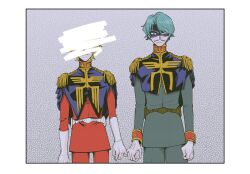 2boys blonde_hair blue_eyes border censored challia_bull char_aznable commentary_request covered_face cowboy_shot epaulettes facial_hair glaring gloves green_eyes green_hair grey_background gundam gundam_gquuuuuux high_collar highres jacket long_sleeves looking_at_viewer male_focus military_jacket military_uniform multiple_boys mustache pinky_swear red_jacket shaded_face short_hair smile tsudzumiya_mare white_border