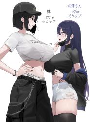 2girls biya_(1024) black_hair black_hat black_jacket black_pants black_shirt black_thighhighs blue_eyes blush breasts from_side hand_on_own_hip hat highres jacket large_breasts long_hair looking_at_another mask midriff mouth_mask multiple_girls navel open_mouth original pants parted_lips purple_hair shirt short_hair short_shorts shorts simple_background smile thighhighs thighs white_background white_shirt white_shorts yoru_(biya_(1024)) yuna_(biya_(1024))