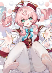 1girl aqua_eyes aqua_hair beret commentary_request dress hat highres honkai:_star_rail honkai_(series) hyacine_(honkai:_star_rail) kkkula_(kula) medium_hair paid_reward_available panties panties_under_pantyhose pantyhose pink_hair reaching reaching_towards_viewer red_dress smile soles solo toes twintails underwear white_background white_panties white_pantyhose