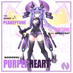 1girl blue_eyes braid breasts cleavage cleavage_cutout closed_mouth clothing_cutout commentary english_commentary english_text gezelle_2045 gloves hair_ornament highres leotard long_hair medium_breasts neptune_(neptunia) neptune_(series) power_symbol power_symbol-shaped_pupils purple_hair purple_heart_(neptunia) sidelocks solo symbol-shaped_pupils twin_braids very_long_hair wings