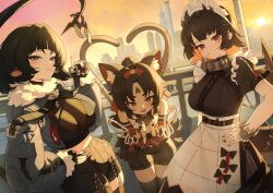 Rule 34 | 3girls, absurdres, animal ears, apron, backlighting, bare shoulders, black dress, black hair, black jacket, black shorts, blue eyes, breasts, cable, cable tail, cat ears, cat tail, chest harness, closed mouth, collar, crop top, dress, ellen joe, facial mark, fins, fish tail, forehead mark, hand on own hip, harness, heart, heart tail, highres, jacket, jane doe (zenless zone zero), large breasts, leaning forward, long sleeves, looking at viewer, maid, maid apron, maid headdress, mechanical tail, midriff, mole, mouse ears, mouse tail, mouth hold, multiple girls, multiple tails, nekomiya mana, nogong, open mouth, puffy long sleeves, puffy sleeves, shark tail, short hair, short sleeves, shorts, smile, sunset, tail, two tails, zenless zone zero