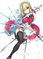 Rule 34 | 1girl, apron, black pantyhose, blonde hair, bow, commission, dress, dual wielding, frills, highres, holding, janne cherry, long hair, maid, maid headdress, pantyhose, pixiv commission, puffy short sleeves, puffy sleeves, red dress, ribbon, short sleeves, solo, sword, too many weapons, touhou, weapon, yellow eyes, yumeko (touhou)