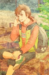 1boy :d adam&#039;s_apple alternate_costume ankle_socks azu_rin_go backpack bag black_shorts blush bokujou_monogatari bokujou_monogatari:_mittsu_no_sato_no_taisetsuna_tomodachi brown_eyes brown_hair casual contemporary curtained_hair day figure_four_sitting green_vest grey_bag hand_on_own_ankle highres hinata_(bokujou_monogatari) holding holding_phone hood hood_down hoodie long_sleeves male_focus on_bench open_clothes open_mouth open_vest orange_hoodie outdoors parted_bangs phone pink_socks rattail shoes short_hair shorts sitting smile sneakers socks solo spiked_hair talking_on_phone vest watch wristwatch