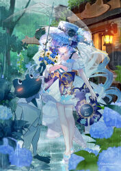 Rule 34 | 1girl, 1other, bare shoulders, blue eyes, blue hair, bouquet, breasts, bridal veil, bride, cleavage, dress, flower, frog, hat, highres, holding, holding bouquet, holding umbrella, hydrangea, komorihikki, long hair, medium breasts, original, outdoors, rain, scenery, strapless, strapless dress, thighhighs, transparent, transparent umbrella, twintails, umbrella, veil, wedding dress, white dress, white thighhighs