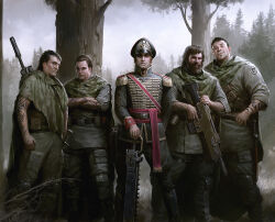 5boys ammunition_pouch arm_tattoo astra_militarum chainsword commissar darren_tan facial_hair forest hat highres lasgun looking_at_viewer male_focus military_combat_uniform military_uniform multiple_boys nature official_art peaked_cap planted planted_sword planted_weapon pouch rain_poncho sword tattoo tree trigger_discipline warhammer_40k weapon weapon_on_back