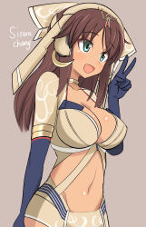 1girl :d absurdres alice_gear_aegis aqua_eyes blush breasts brown_hair character_name cleavage dark-skinned_female dark_skin elbow_gloves gloves green_eyes haruwo0096 highres kaneshiya_sitara large_breasts long_hair midriff navel open_mouth simple_background smile solo v