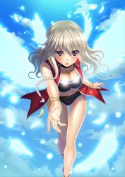 1girl absurdres angel_wings blonde_hair blush breasts choker cleavage cloud feathers female_focus flying game_cg head_wings highres in_vitro_shoujo large_breasts legs long_hair looking_at_viewer navel pink_eyes sandals short_shorts shorts sky sleeveless smile solo tadano_akira thighs wings