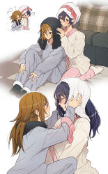 Rule 34 | 2girls, 404no2929, after bathing, black hair, black socks, blush, brown hair, closed eyes, closed mouth, commentary request, drying, drying another&#039;s hair, drying hair, grey pajamas, hair between eyes, highres, knees up, long hair, long sleeves, looking at another, miya (404no2929), multiple girls, original, pajamas, pink pajamas, purple eyes, shion (404no2929), sidelocks, simple background, sitting, smile, socks, towel, towel around neck, towel on head, wariza, white socks, yuri