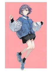 1girl absurdres bang_dream! bang_dream!_it&#039;s_mygo!!!!! black_shorts black_socks blue_jacket blue_shoes blush border brown_eyes full_body grey_hair highres jacket kissshotmagia long_sleeves open_mouth outside_border shoes short_hair shorts socks solo takamatsu_tomori white_border white_sleeves