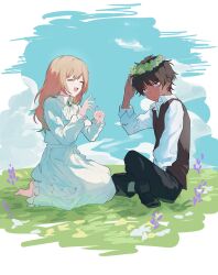 1boy 1girl :d :| ^_^ aged_down ascot black_pants blue_eyes brown_hair brown_vest catherine_(project_moon) closed_eyes closed_mouth cloud cloudy_sky collared_dress collared_shirt dark-skinned_male dark_skin dress hasugu head_wreath heathcliff_(project_moon) highres indian_style light_blush limbus_company long_hair long_sleeves on_grass open_mouth pants project_moon seiza shirt short_hair sitting sky smile sweatdrop vest white_ascot white_dress white_shirt