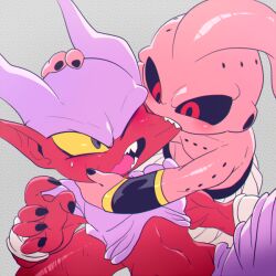 2boys antennae biceps biting biting_cheek black_bracer black_nails black_sclera blush bracer collarbone colored_sclera colored_skin commentary dragon_ball dragonball_z fangs fingernails gold_trim grey_background grey_eyes hand_on_another&#039;s_cheek hand_on_another&#039;s_face hole_on_body horns janemba kid_buu looking_at_another looking_to_the_side majin_buu male_focus multiple_boys muscular muscular_male navel no_eyebrows one_eye_closed open_mouth pants pectorals pinching pinching_cheek pink_skin pointy_ears purple_horns purple_skin red_eyes red_skin sharp_fingernails sharp_teeth shiny_skin shirtless_male simple_background sweatdrop tail teeth topless_male upper_body upper_teeth_only v-shaped_eyebrows vambraces white_pants yellow_sclera
