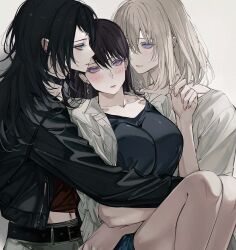 3girls alternate_breast_size bang_dream! bang_dream!_it&#039;s_mygo!!!!! belt black_belt black_choker black_hair black_jacket black_shirt blackfangs blonde_hair blue_eyes breasts chinese_commentary choker collarbone commentary_request earclip grey_skirt hair_between_eyes highres hug jacket large_breasts light_particles long_hair medium_hair midriff misumi_uika mole mole_under_eye multiple_girls navel purple_eyes red_shirt shiina_taki shirt simple_background skirt white_background white_shirt yahata_umiri yuri