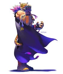 absurdres animal_ears animal_head artist_name blue_cape blue_gloves cape fingerless_gloves gloves highres jaguar_boy jaguar_ears jaguar_tail king_(tekken) looking_at_viewer male_focus muscular muscular_male namco psyoptima solo tail tekken tekken_8 veins veiny_arms wrestling_outfit