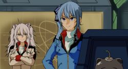 2girls ahoge amuro_ray amuro_ray_(cosplay) animal_ear_piercing animal_ears blue_eyes blue_hair blue_jacket breasts bright_noa bright_noa_(cosplay) brown_jacket char&#039;s_counterattack closed_mouth cosplay crossed_arms earth_federation grey_eyes grey_hair gundam hair_between_eyes hashtag-only_commentary hololive hoshimachi_suisei jacket large_breasts lion_ears lion_girl long_hair long_sleeves military_uniform multiple_girls parody shirt shishiro_botan side_ponytail smile spacecraft_interior split_mouth ssrb_(shishiro_botan) turtleneck turtleneck_shirt upper_body virtual_youtuber white_shirt yuuki_(yuuki333)