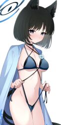 1girl animal_ear_fluff animal_ears bikini black_hair blue_archive blue_bikini blue_eyes blue_haori breasts cat_ears cat_girl cat_tail cleavage haori highres japanese_clothes kikyou_(blue_archive) kikyou_(swimsuit)_(blue_archive) looking_at_viewer multiple_tails navel official_alternate_costume open_clothes preste short_hair solo stomach swimsuit tail two_tails untied_bikini