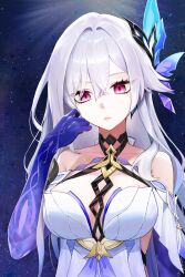 1girl absurdres arm_behind_back artist_name bare_shoulders between_breasts breasts collarbone commentary dated dress genshin_impact hair_between_eyes hair_ornament halter_dress halterneck hand_in_own_hair hand_up highres large_breasts long_hair looking_at_viewer mous_123 night night_sky prosthesis prosthetic_arm red_eyes short_dress skirk_(genshin_impact) sky solo star_(sky) starry_sky upper_body very_long_hair white_dress white_hair