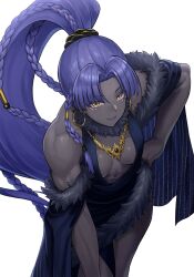 Rule 34 | 1girl, abs, assassin (fate/zero), bare shoulders, biceps, black dress, blush, braid, breasts, cleavage, dark-skinned female, dark skin, dress, earrings, fate/grand order, fate (series), female assassin (fate/zero), female assassin (fgo fes. 2025) (fate/zero), fur collar, high ponytail, highres, hoop earrings, jewelry, leaning forward, long hair, looking at viewer, medium breasts, muscular, muscular female, necklace, parted bangs, ponytail, purple hair, purple lips, ranma (kamenrideroz), smile, solo, yellow eyes