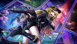 Rule 34 | 1girl, :d, arisugawa saori, baseball cap, bike shorts, black boots, black hat, black jacket, black shorts, blonde hair, boots, gun, hat, highres, holding, holding gun, holding weapon, jacket, legs up, long hair, looking at viewer, non-web source, official art, open mouth, orange eyes, shorts, smile, solo, submachine gun, teeth, tribe nine, twintails, upper teeth only, uzi, weapon