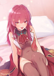 1girl a-ka bare_shoulders breasts highres hololive houshou_marine large_breasts leotard leotard_under_clothes long_hair looking_at_viewer open_mouth red_eyes red_hair sitting skirt skirt_down solo virtual_youtuber