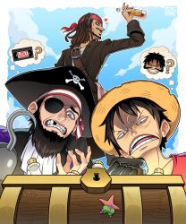 4boys black_eyes black_hair black_hat bottle character_request check_character collarbone day eyepatch hat heart highres hook_hand jack_sparrow male_focus medium_hair missing_tooth monkey_d._luffy multiple_boys one_piece open_mouth outdoors patchy_the_pirate patrick_star percodine pirate_hat pirates_of_the_caribbean short_hair skull_and_crossbones speech_bubble spongebob_squarepants_(series) straw_hat teeth thought_bubble treasure_chest