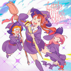 :d :o boots broom broom_riding brown_eyes brown_hair closed_mouth commentary_request copyright_name dress freckles glasses hair_over_one_eye hat high_heel_boots high_heels highres holding holding_broom holding_wand kagari_atsuko little_witch_academia long_hair long_sleeves looking_at_viewer lotte_jansson luna_nova_school_uniform mi_(rokudenashi) open_mouth orange_hair purple_boots purple_dress purple_hat school_uniform shiny_rod_(little_witch_academia) short_hair smile sucy_manbavaran teeth thigh_boots upper_teeth_only wand witch witch_hat