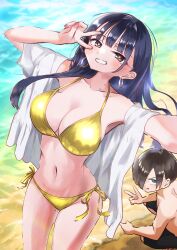 1boy 1girl absurdres alternate_costume beach bikini black_hair blue_eyes blush boku_no_kokoro_no_yabai_yatsu breasts brown_eyes cleavage collarbone commentary_request day earrings gold_bikini grin hair_over_one_eye hands_up highres hoop_earrings ichikawa_kyoutarou jewelry large_breasts long_hair m2bou male_swimwear mole mole_on_neck multiple_moles navel open_clothes open_shirt outdoors paid_reward_available ringed_eyes sand selfie shirt shore short_hair side-tie_bikini_bottom smile squatting standing string_bikini swimsuit v v_over_eye variant_set water white_shirt yamada_anna