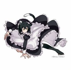 1girl alternate_costume animal_ears apron barefoot black_dress black_fur black_hair body_fur cat_ears cat_girl cat_tail collared_dress dress dungeon_meshi dynamic_pose enmaided frilled_apron frills highres izutsumi juliet_sleeves long_sleeves maid maid_apron maid_day mismatched_animal_ear_colors nezu1495821 puffy_sleeves simple_background sleeve_cuffs solo tail twitter_username white_apron white_background yellow_eyes