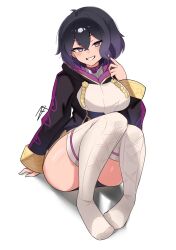 1girl :d ahoge arm_support black_dress breasts buttons dress female_morgan_(fire_emblem) fire_emblem fire_emblem_awakening fire_emblem_heroes full_body hair_between_eyes hand_up highres hood hood_down long_sleeves looking_at_viewer medium_breasts nintendo open_mouth purple_eyes purple_hair purple_theme short_dress short_hair sidelocks simple_background sitting smile solo teeth thighhighs white_background white_thighhighs zet_(twt_zet)