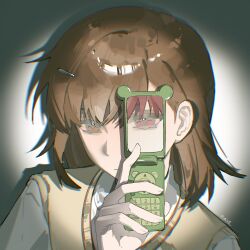 1girl brown_eyes brown_hair brown_sweater_vest cellphone commentary english_commentary evenf flip_phone hair_ornament hairclip highres holding holding_phone looking_at_viewer misaka_mikoto phone school_uniform shirt short_hair signature simple_background solo spotlight sweater_vest toaru_kagaku_no_railgun toaru_majutsu_no_index tokiwadai_school_uniform upper_body white_shirt