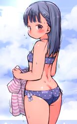 Rule 34 | 1girl, absurdres, ass, bikini, black hair, blue bikini, blush, breasts, brown eyes, butt crack, cloud, flying sweatdrops, from behind, hair ornament, hairclip, highres, long hair, looking back, original, outdoors, print bikini, shirt, sky, small breasts, solo, star (symbol), star print, striped clothes, striped shirt, swimsuit, thighs, umekko, unworn shirt
