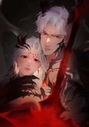 1boy 1girl chest_jewel claws claymore_(sword) dragon_boy dragon_claw dragon_girl dragon_horns dress earrings eyelashes gem hetero highres horns jewelry lace lace_trim lips long_hair looking_at_viewer love_and_deepspace ng_ai0 parted_bangs parted_lips protagonist_(love_and_deepspace) red_eyes short_hair strapless strapless_dress sylus_(love_and_deepspace) tattoo weapon