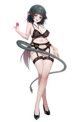 1girl absurdres animal_ears black_bra black_panties blunt_bangs blush bra breasts cleavage condom condom_wrapper full_body green_eyes green_hair highres jane_doe_(zenless_zone_zero) large_breasts long_hair looking_at_viewer mh111026 mouse_ears mouse_girl mouse_tail multicolored_hair navel open_mouth panties red_hair sidelocks smile solo stomach tail thighs tongue tongue_out two-tone_hair underwear zenless_zone_zero
