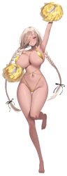 1girl absurdres arm_up armpits arrow_(tamawo222) bare_arms bare_legs bare_shoulders barefoot bikini black_ribbon blonde_hair blush bouncing_breasts braid breasts brown_eyes cameltoe cheerleader cleavage commentary_request criss-cross_straps curvy dark-skinned_female dark_skin eyes_visible_through_hair gold_bikini golden_week grin hair_over_one_eye hair_ribbon halterneck highleg highleg_bikini highres holding holding_pom_poms large_breasts leg_up legs long_hair long_legs looking_at_viewer micro_bikini navel original pom_pom_(cheerleading) pom_poms ribbon simple_background sling_bikini_top smile standing standing_on_one_leg stomach string_bikini swimsuit thigh_gap thighs toenails toes twin_braids underboob white_background wide_hips