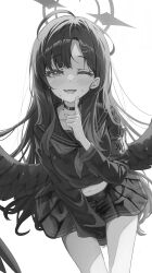 1girl ;d absurdres ahoge angel_wings armband backlighting between_legs black_choker black_hair black_sailor_collar black_serafuku black_shirt black_skirt black_wings blue_archive blush choker commentary couch crop_top fang feathered_wings feet_out_of_frame grey_eyes halo hand_between_legs hand_up highres ichika_(blue_archive) index_finger_raised indoors long_hair long_sleeves looking_at_viewer low_wings midriff miniskirt navel neckerchief on_couch one_eye_closed open_mouth pleated_skirt red_armband red_halo red_neckerchief sailor_collar school_uniform serafuku shirt shj1998z sitting skin_fang skirt smile solo sweat thighs unusually_open_eyes very_long_hair window wings